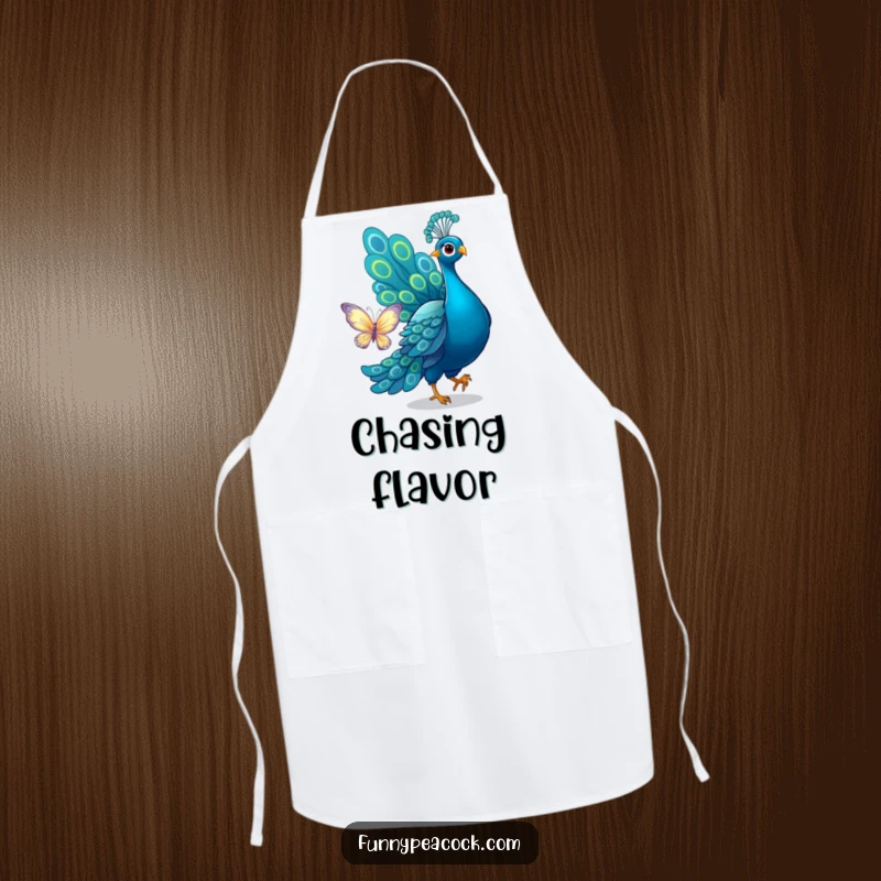 Funny peacock apron, humorously chasing a butterfly with its tail, a playful and practical addition to kitchen attire.