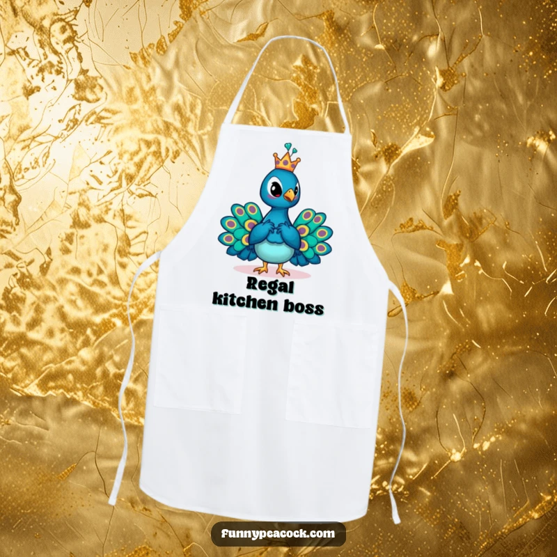 Funny crowned peacock apron, wearing a tiny crown and posing regally while cooking, a humorous kitchen accessory.
