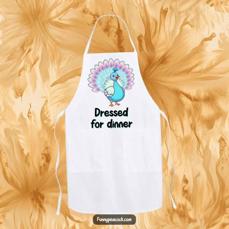 Funny kawaii peacock apron, showing off a fully spread, iridescent tail with a joyful expression, a humorous kitchen accessory.