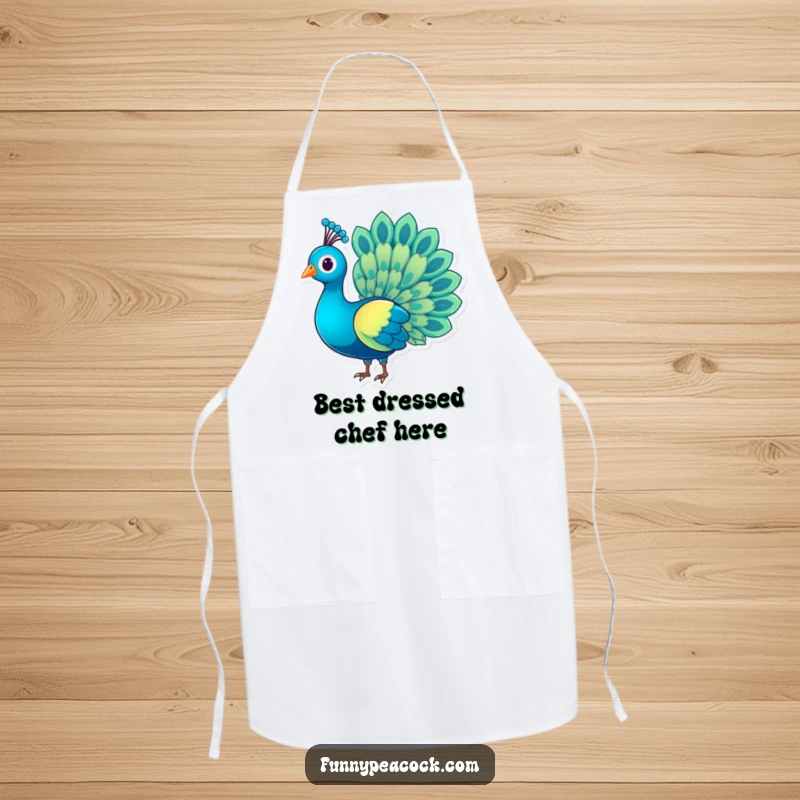 Funny charming peacock character apron, with a vibrant rainbow tail, practical and stylish for cooking, an ideal funny gift.