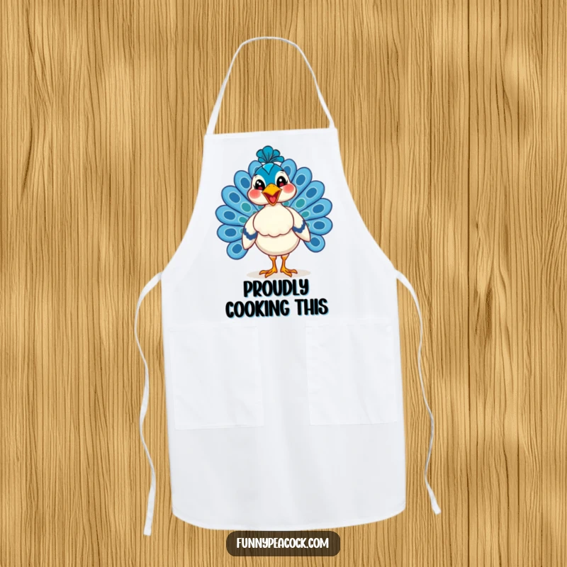 Funny peacock apron, confidently strutting with a wide, happy grin, a humorous and practical addition to kitchen attire.