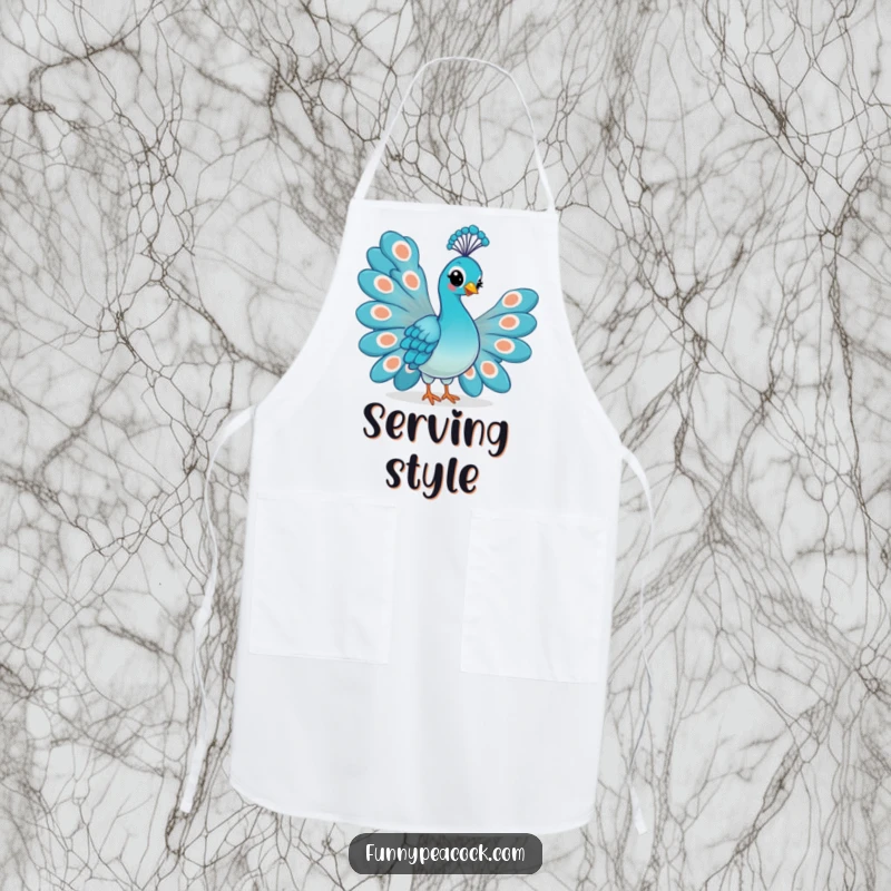 Funny Kawaii Peacock Apron: A sassy peacock flaunting its fanned tail feathers with a proud, confident smirk.