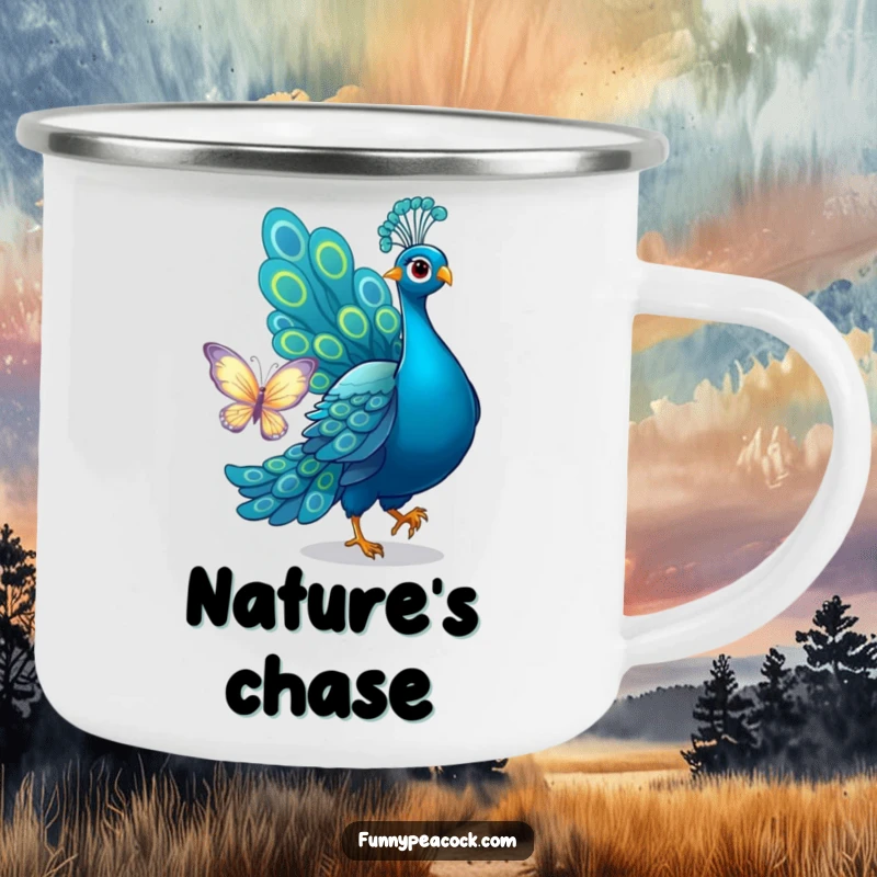 Funny peacock camping mug, playfully chasing a butterfly with its tail, ready for adventure, a durable and humorous companion.