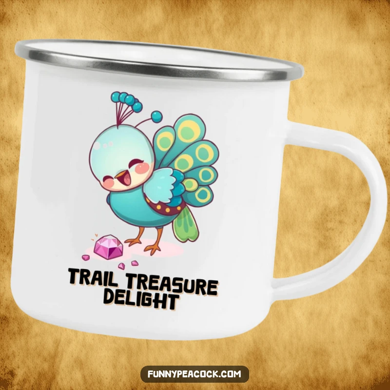 Funny peacock camping mug, pecking a shiny jewel during an outdoor adventure, a humorous and durable mug for nature lovers.