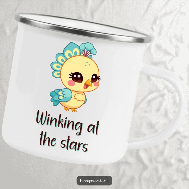 Funny bright peacock character camping mug, winking with a stylized eye, rugged and humorous, ideal for outdoor fun.