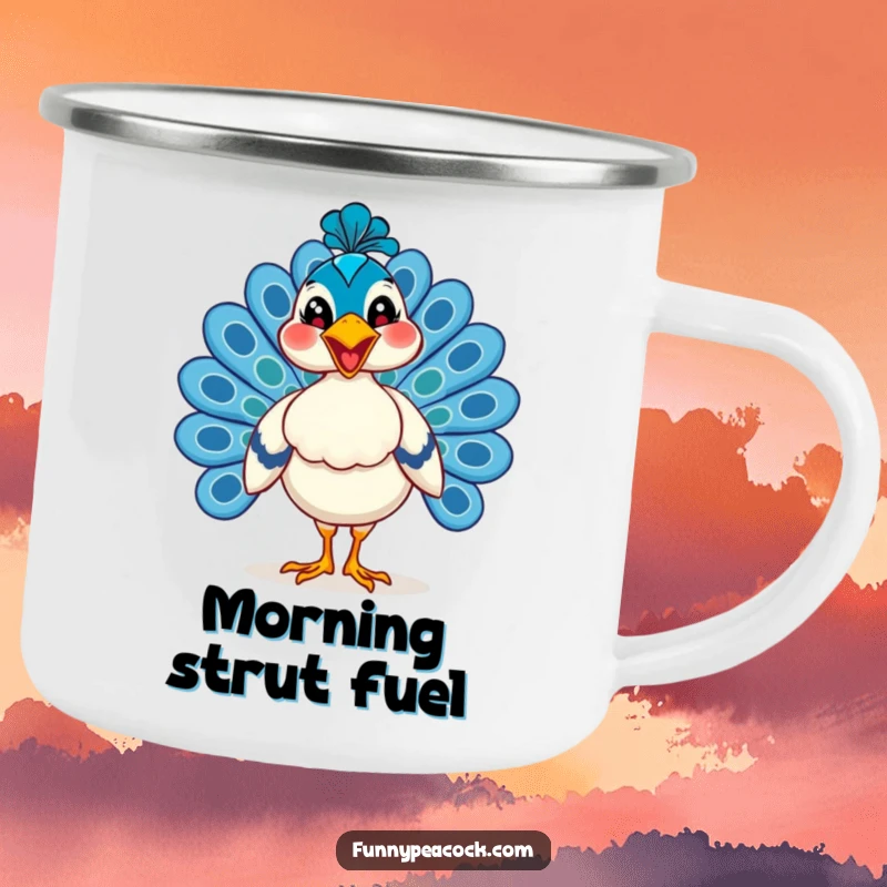 Funny peacock camping mug, proudly strutting with a wide, happy grin, ready for adventure, a durable and humorous companion.
