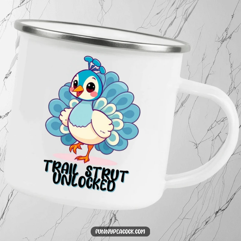 Funny Kawaii Peacock Camping Mug: A cheerful peacock with a curious tilt doing a strut.