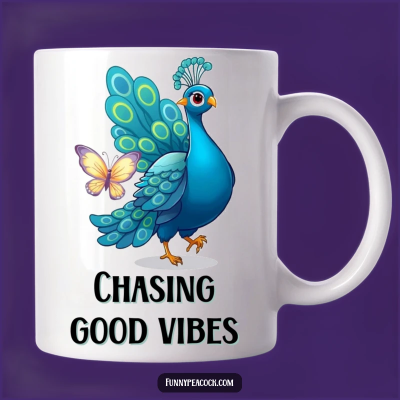 Funny Peacock Butterfly Chase Mug - Playful Tail Fun!