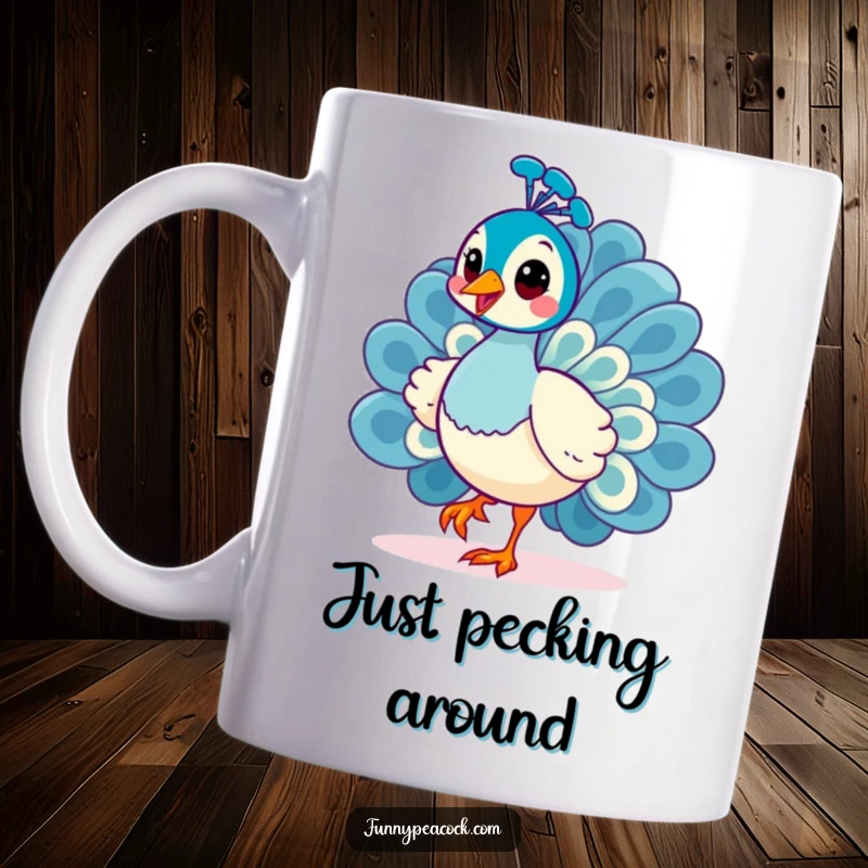 Funny Kawaii Peacock Mug: A cheerful peacock in a strutting pose with a curious head tilt.