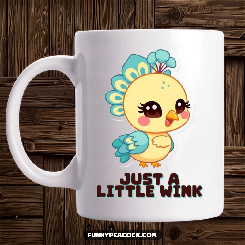 Funny bright peacock character mug, winking with a stylized eye, conveying playfulness and charm, a humorous and engaging gift.