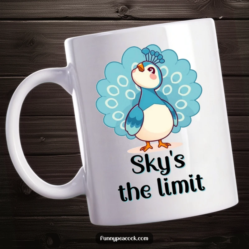 Funny Kawaii Peacock Mug: A peacock looking up at the sky with an expression of pure awe.
