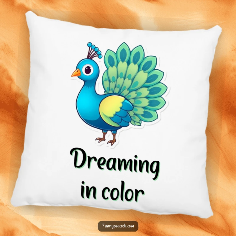 Funny charming peacock character pillow, featuring a shimmering rainbow tail, bringing elegance and humor to home decor.