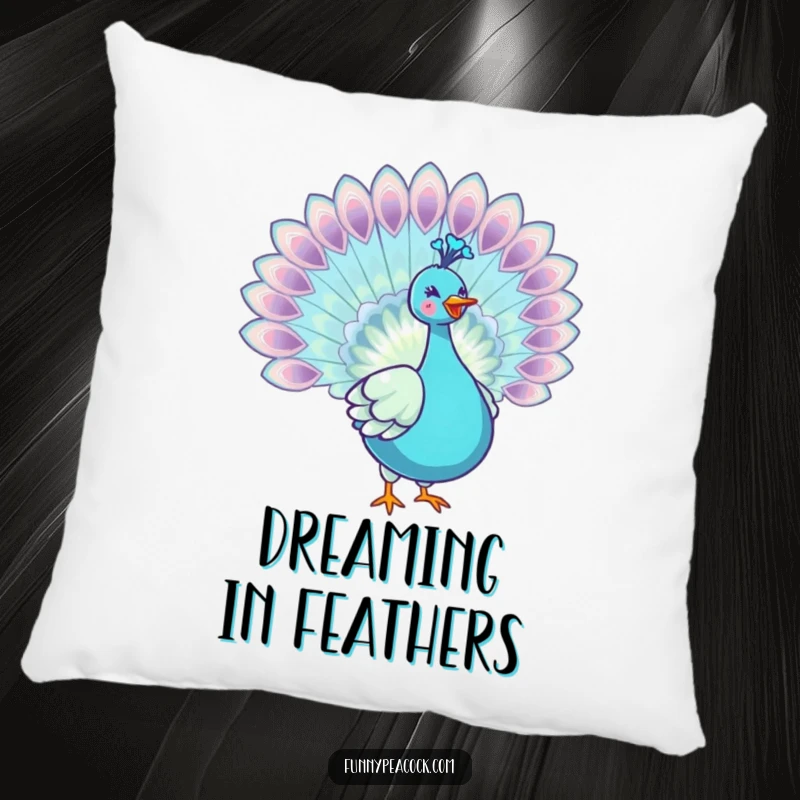 Funny kawaii peacock pillow, featuring a gracefully spread iridescent tail, offering soft comfort and humorous charm.
