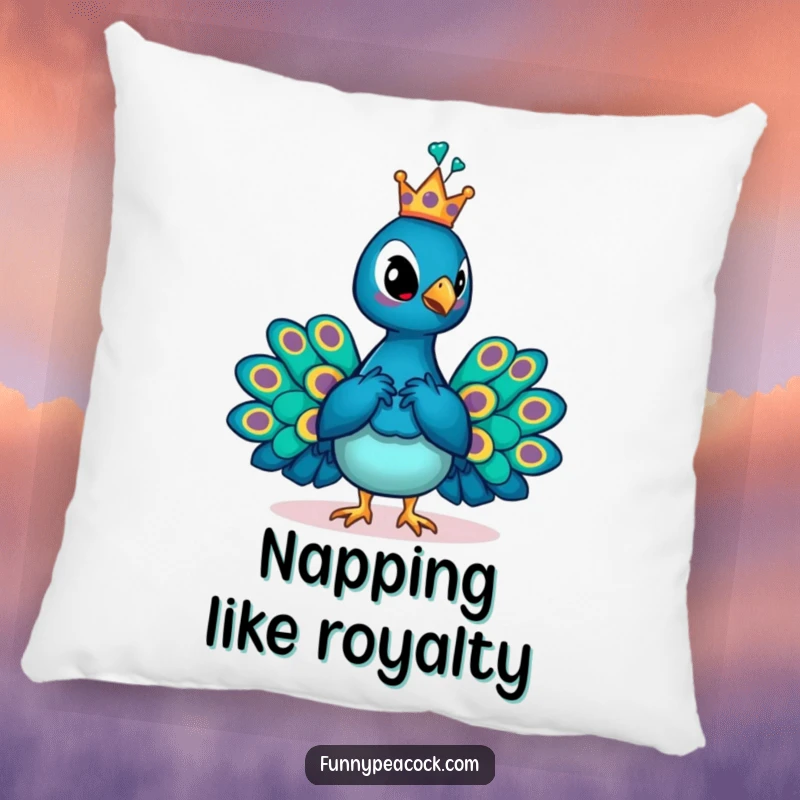 Funny crowned peacock pillow, posing regally with a tiny crown, a humorous and soft addition to any seating.