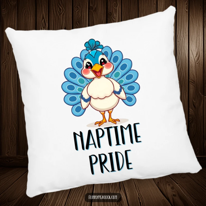 Funny peacock pillow, showing off a cheerful strut and a huge happy grin, a soft, humorous, and comforting decor item.