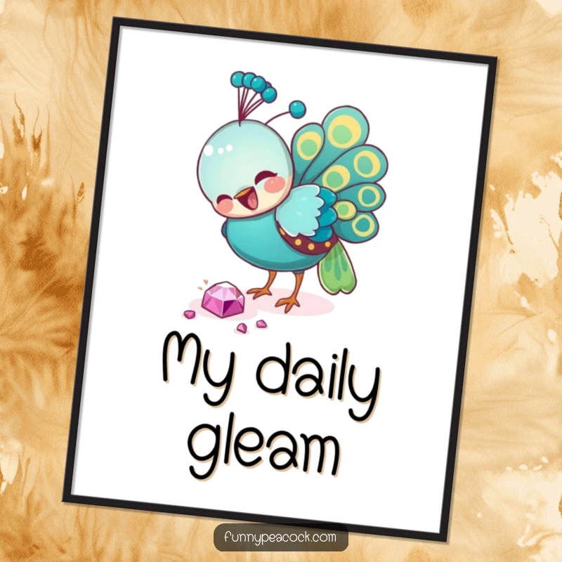 Funny peacock digital art print, pecking a sparkling jewel, a humorous and vibrant piece of avian-inspired digital decor.