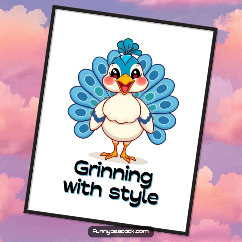 Funny peacock digital art print, depicted strutting with an enormous, joyful grin, creating confident and humorous wall decor.