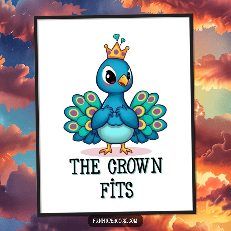 Funny crowned peacock digital art print, posing regally with a tiny crown, a humorous and majestic piece of printable decor.