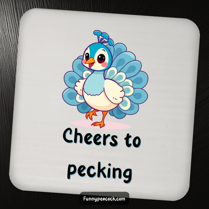 Funny Kawaii Peacock Drink Coaster: A cheerful peacock strutting with a curious head tilt.