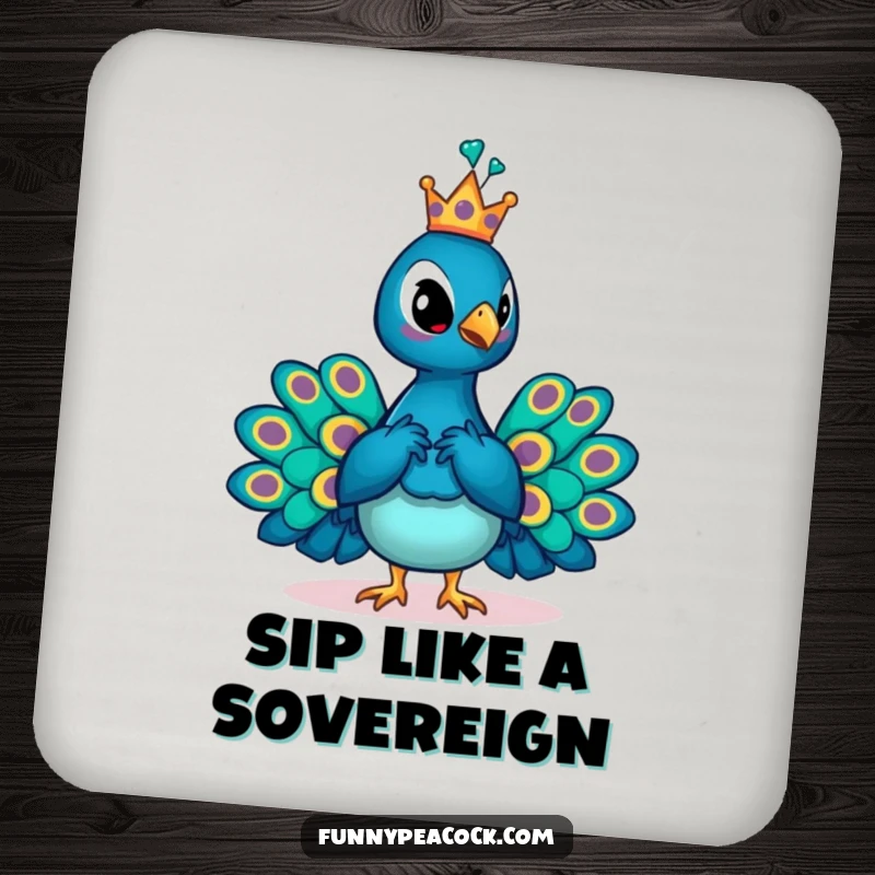 Funny crowned peacock drink coaster, posing regally with a crown, a humorous and protective accessory for tabletops.