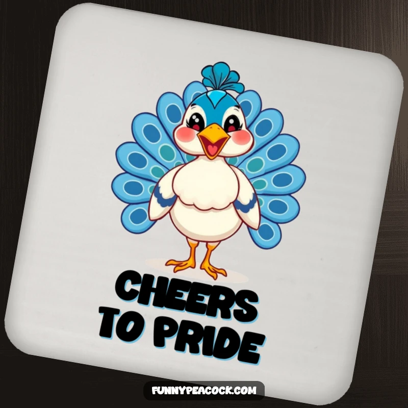 Funny peacock drink coasters, each showcasing a proud strut and a wide happy grin, adding humorous protection to surfaces.