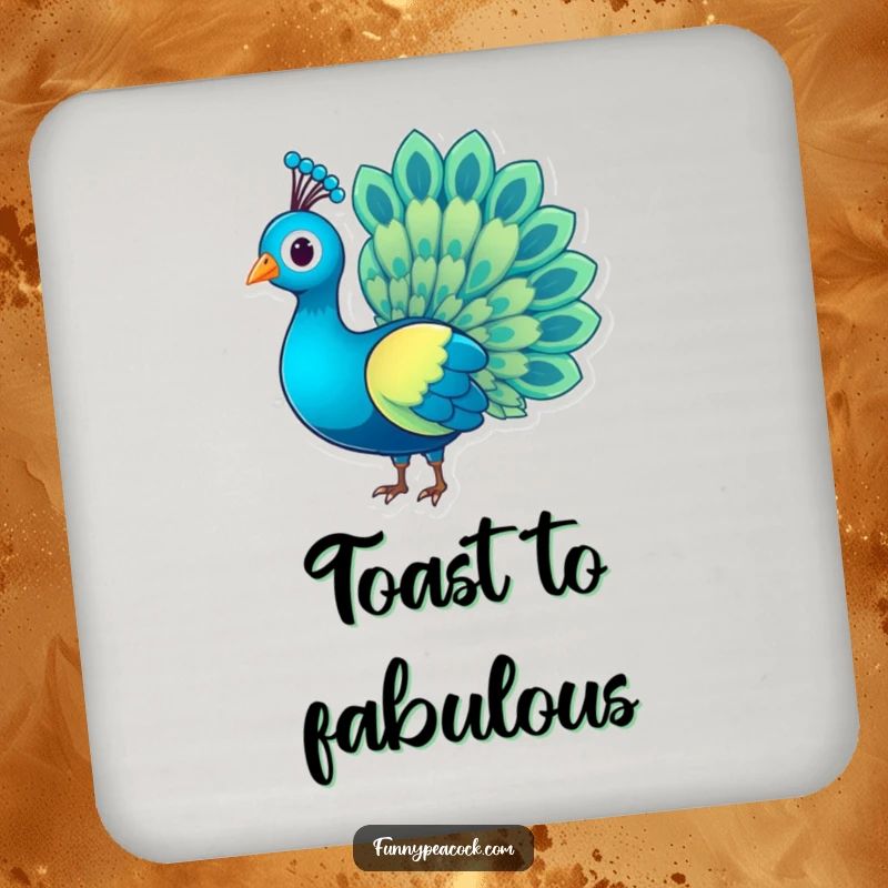 Funny charming peacock character coasters, featuring a rainbow tail, elegant protection for surfaces, a beautiful funny gift set.