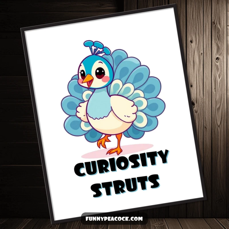 Funny Kawaii Peacock Poster: A cheerful peacock in mid-strut with a curious head tilt.