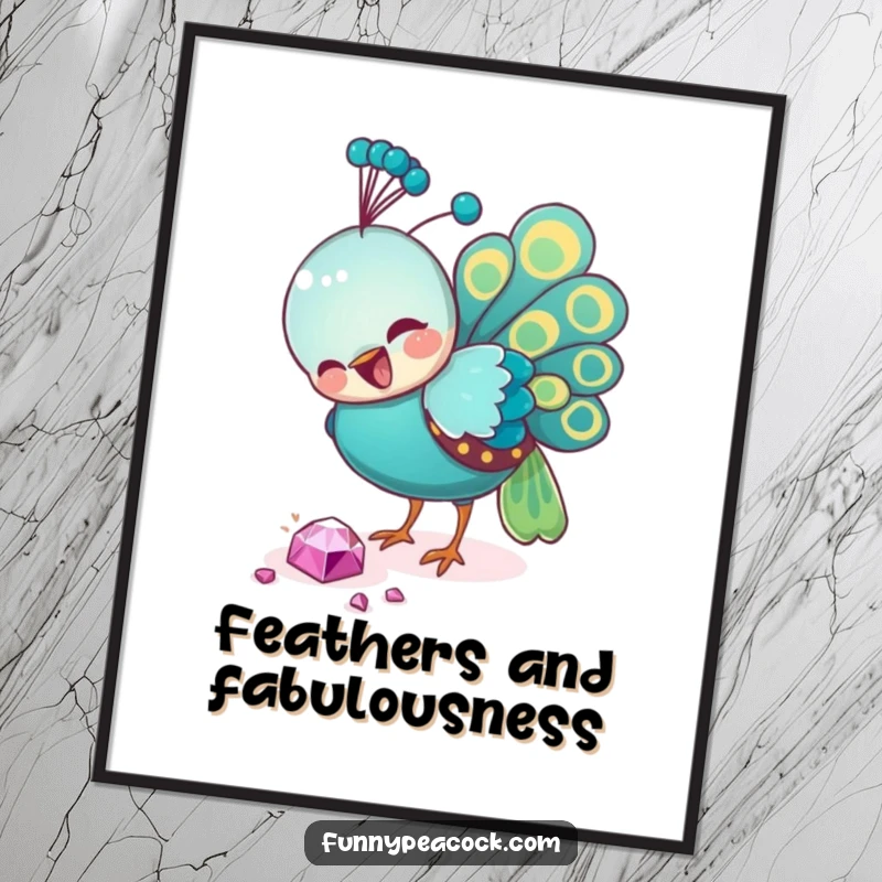 Funny peacock poster, pecking a glittering fallen jewel, capturing a humorous moment of fascination and desire for flashy treasures.