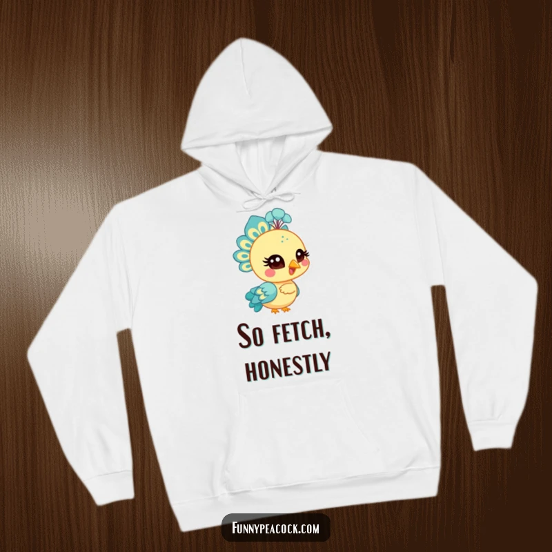 Funny bright peacock character hoodie, winking with a stylized eye, cozy and full of playful mischief, an ideal funny gift.