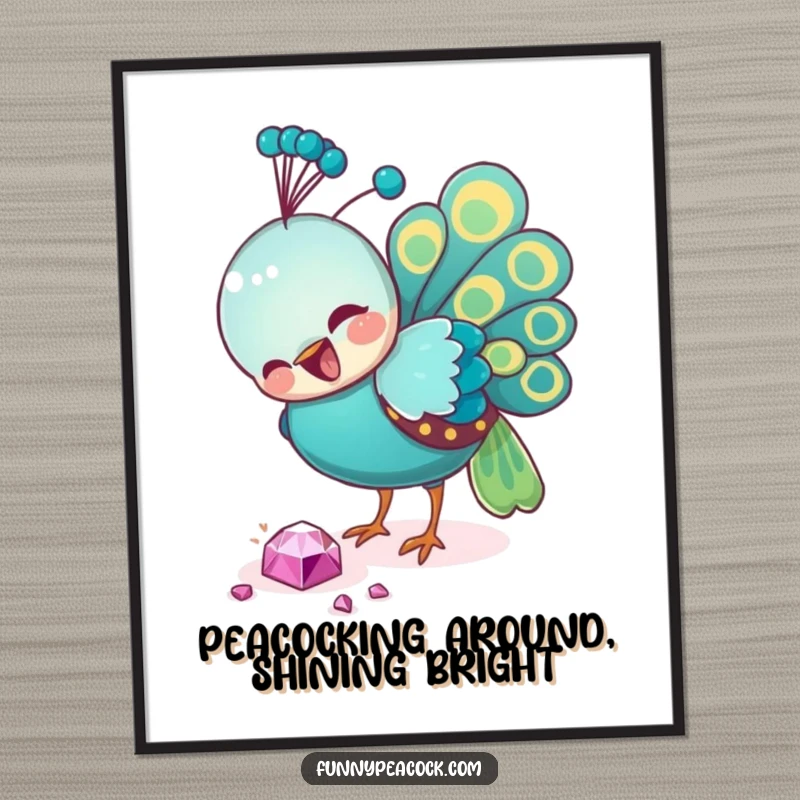 Funny Free Printable Wall Art: A cheerful peacock intensely pecking at a shiny fallen jewel, creating a humorous scene.