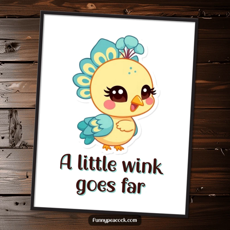 Funny Free Printable Wall Art: A stylish peacock character winking with its unique stylized eye. Downloadable art.