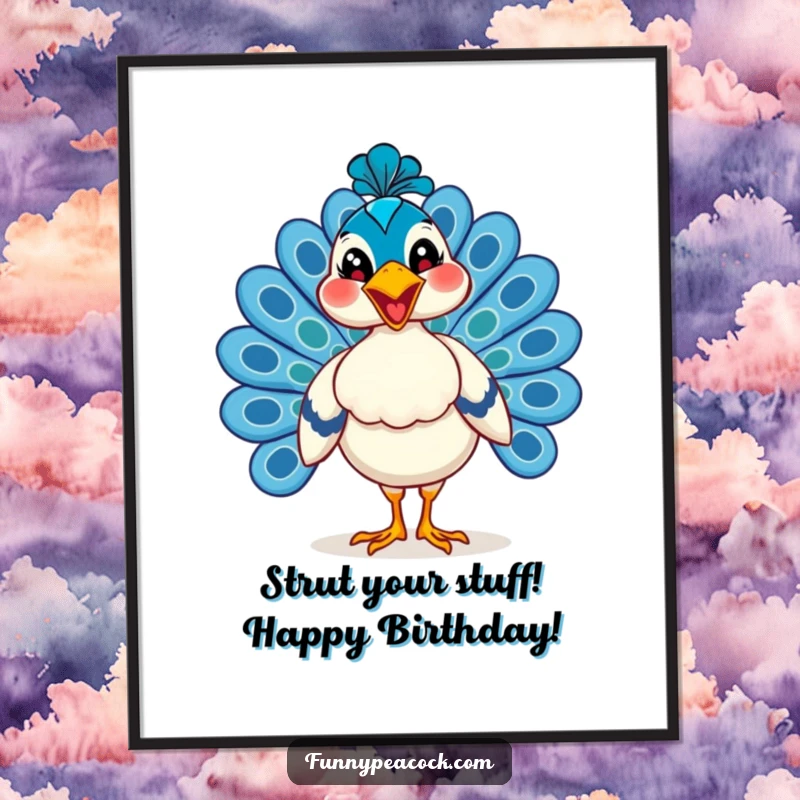 Funny Free Printable Wall Art: A peacock with a wide, happy grin is strutting with pride. Unique decor.