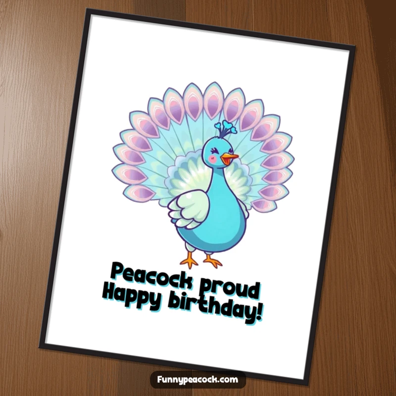 Funny Free Printable Wall Art: A kawaii peacock joyfully spreading its iridescent tail feathers. Unique decor.