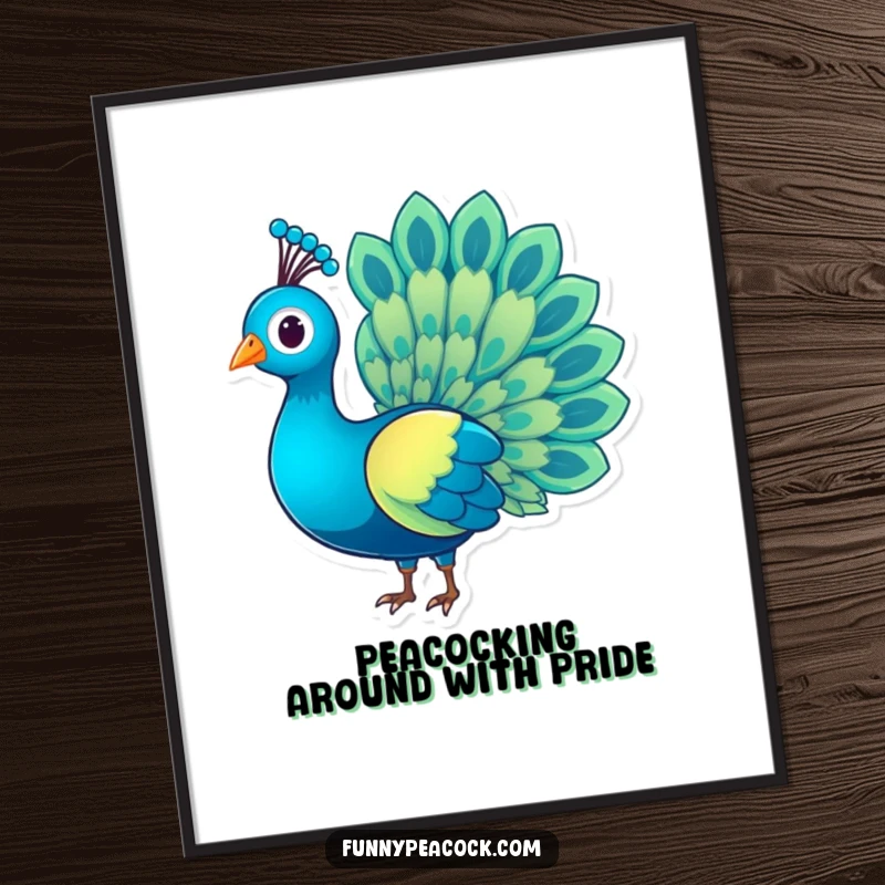 Funny Free Printable Wall Art: A charming peacock showcasing its dazzling rainbow tail feathers. Downloadable art.