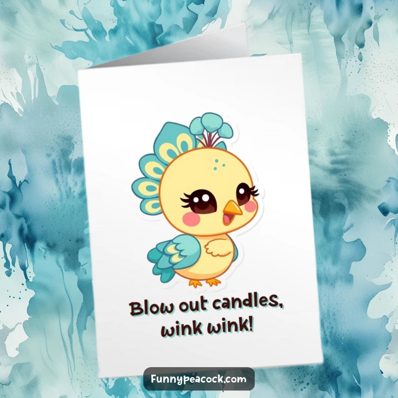 Funny Free Printable Birthday Card: A bright peacock winking mischievously with a stylized eye. Downloadable gift.
