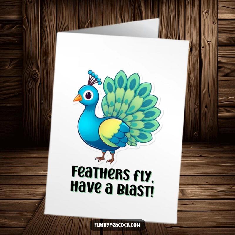 Funny Free Printable Birthday Card: A charming peacock displaying vibrant rainbow tail feathers. A downloadable gift for birthdays.