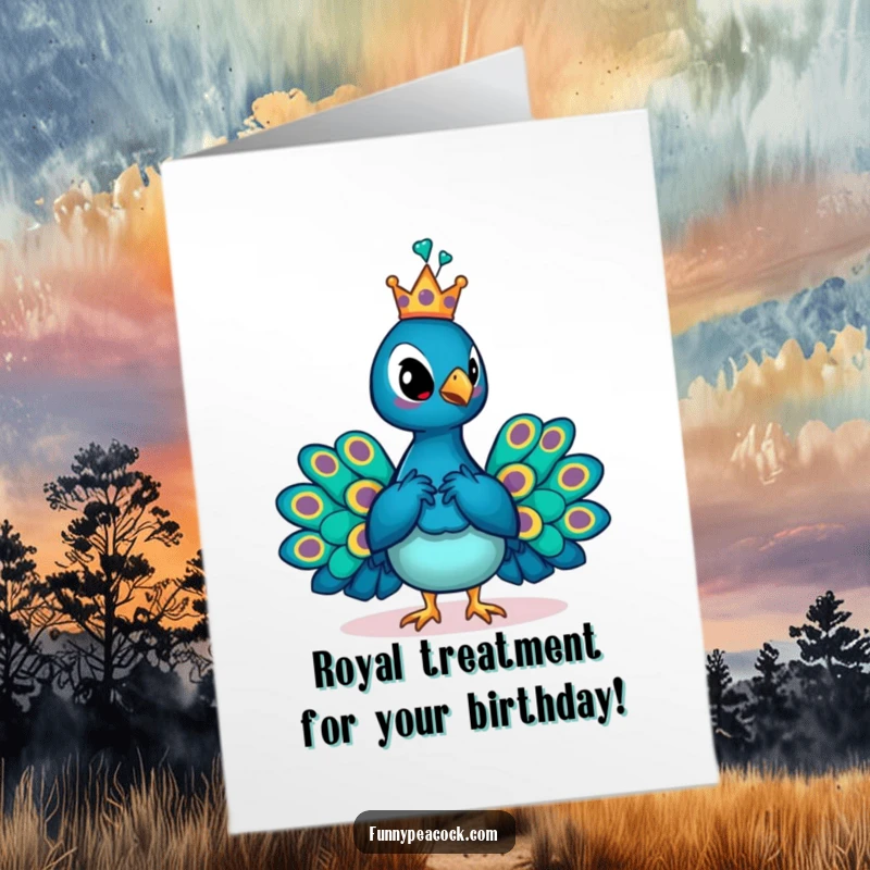 Funny Free Printable Birthday Card: A proud peacock wearing a tiny golden crown, posing regally for a birthday wish.