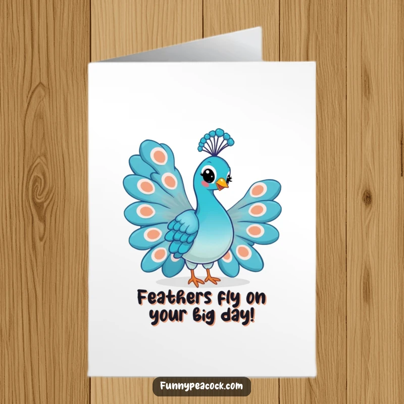 Funny Free Printable Birthday Card featuring a kawaii peacock fanning its tail feathers with a smug, proud smirk, ready to celebrate.