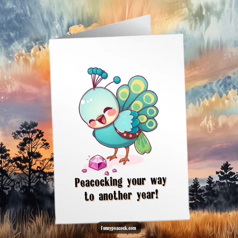 Funny Free Printable Birthday Card: A cheerful peacock excitedly pecking at a shiny fallen jewel, ready to celebrate.