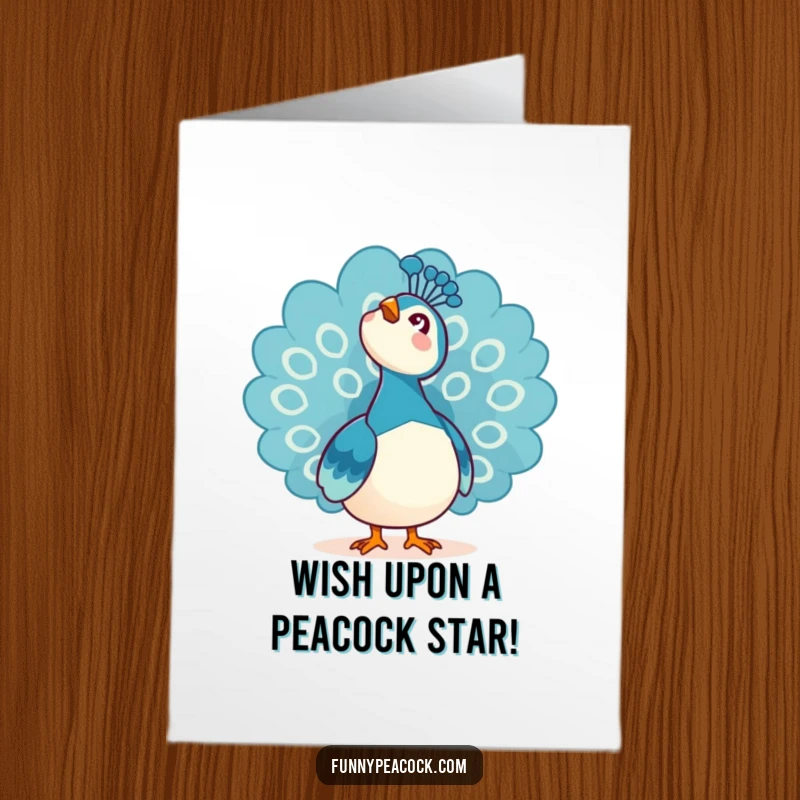 Funny Free Printable Birthday Card: A kawaii peacock looks up at the sky with an expression of pure awe and wonder.