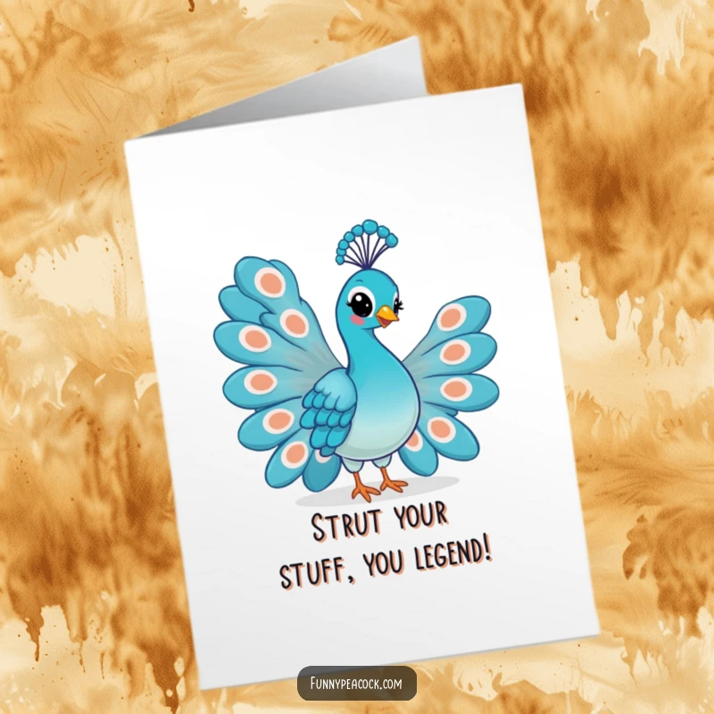 Funny Free Printable Congratulations Card: A kawaii peacock proudly fans its tail feathers with a smirk, celebrating an achievement.