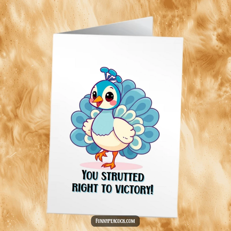 Funny Free Printable Congratulations Card: A kawaii peacock struts cheerfully with a curious tilt, celebrating an achievement with flair.