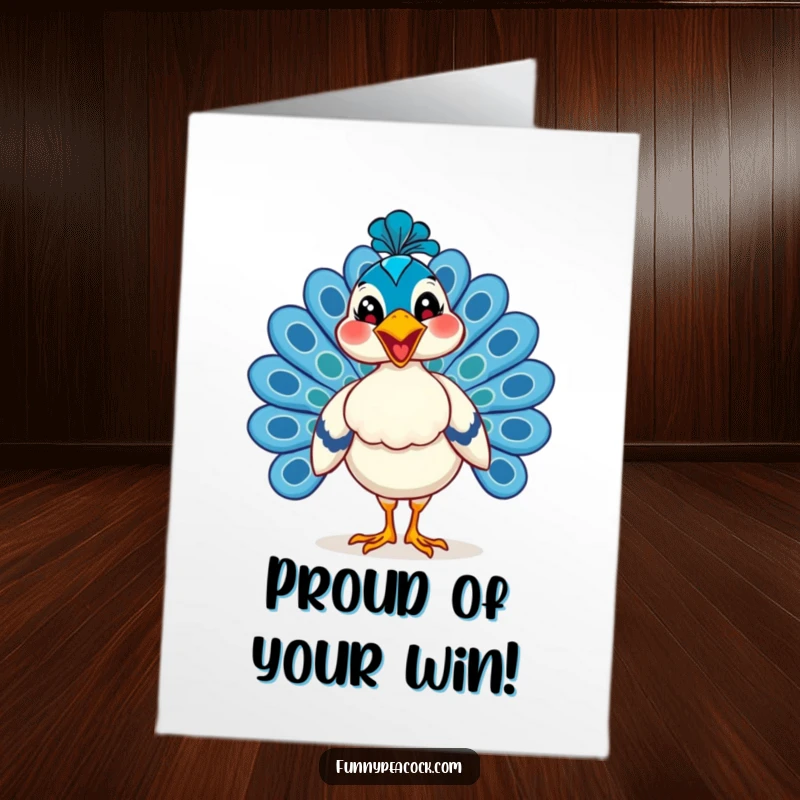 Funny Free Printable Congrats Card: A peacock with a wide, happy grin is strutting with pride. Easy to print.