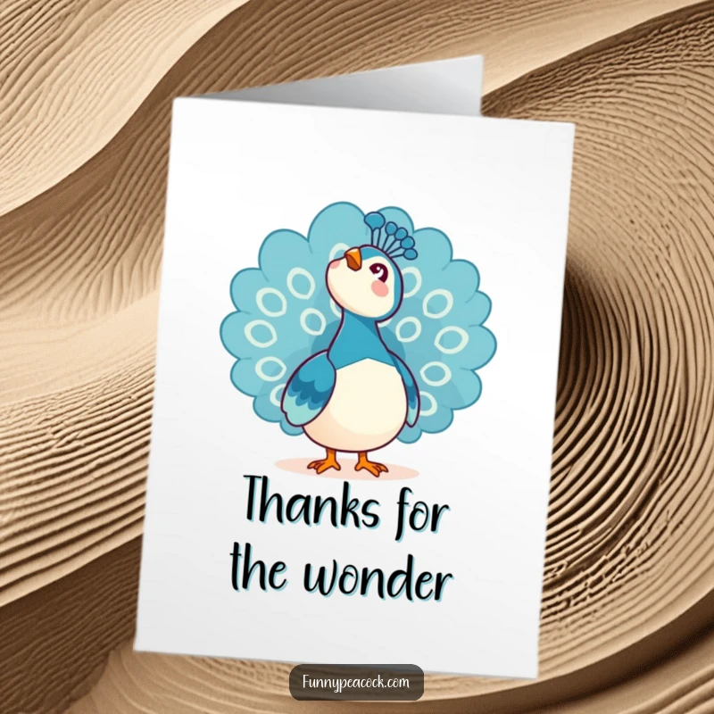 Funny Free Printable Thank You Card: A kawaii peacock looks skyward with awe, expressing deep gratitude and wonder.