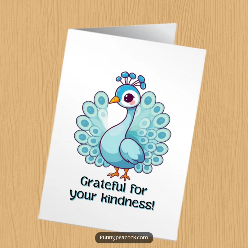 Funny Free Printable Thank You Card: A graceful peacock offering a gentle, thoughtful head tilt. Downloadable gift.