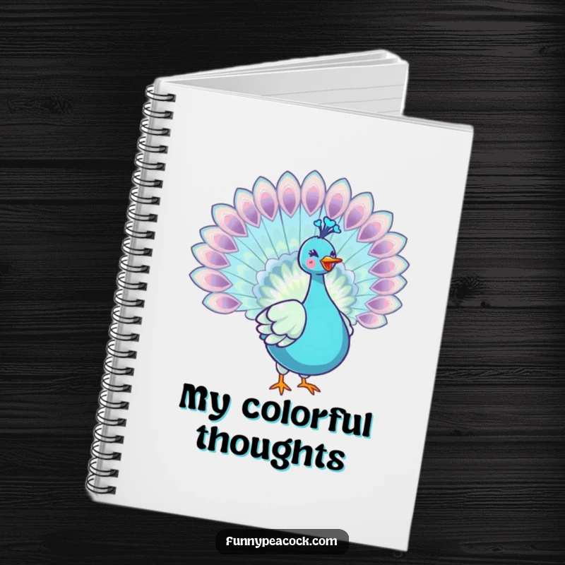 Funny kawaii peacock notebook, adorned with a joyful, spread tail, ready for notes, a humorous and elegant stationery item.