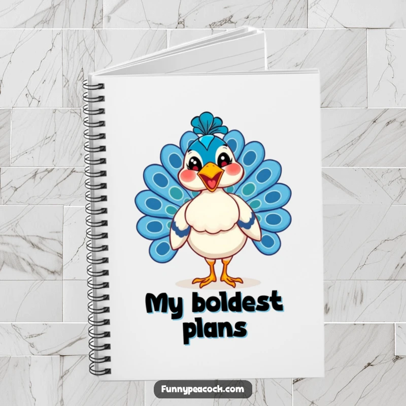 Funny peacock notebook, depicted strutting with a huge grin, ready for notes, a humorous and confidence-boosting stationery item.