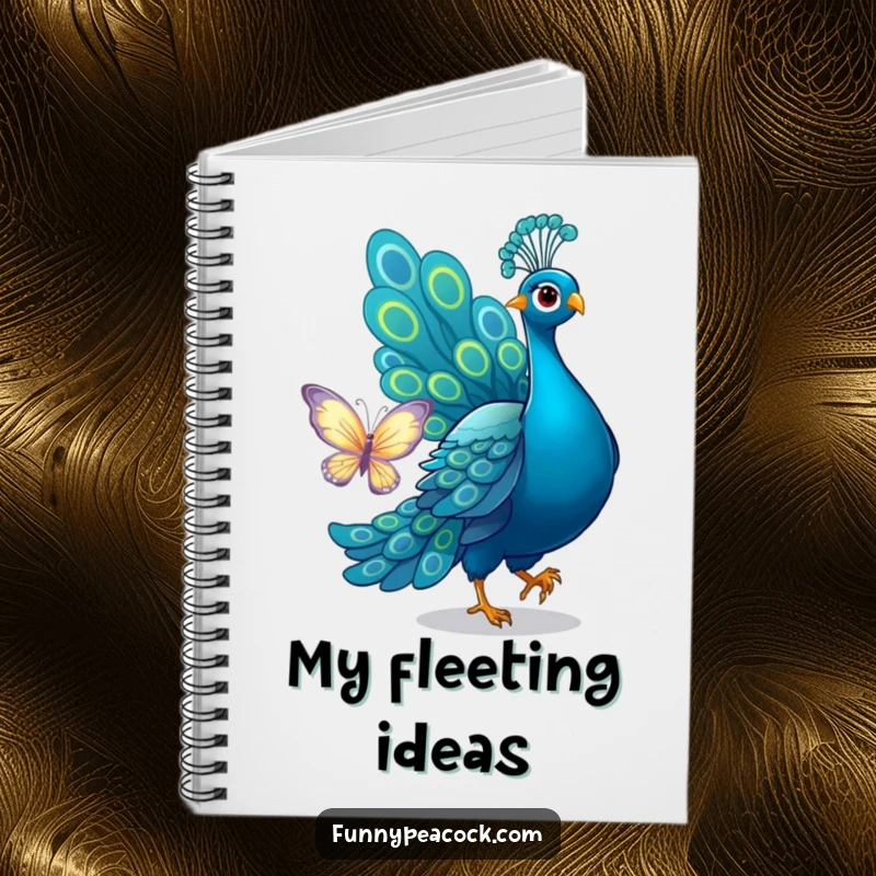 Funny peacock notebook, depicted playfully chasing a butterfly with its tail, ready for notes, a humorous stationery item.
