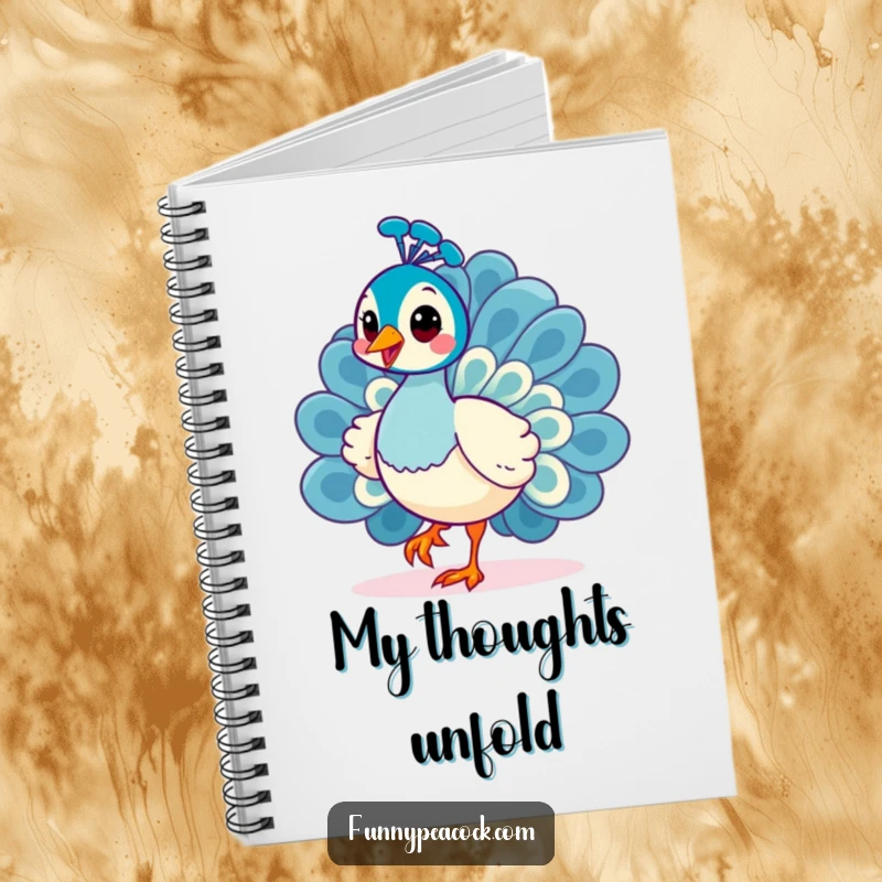 Funny Kawaii Peacock Notebook: Features a cheerful peacock in a strutting pose with a curious tilt.