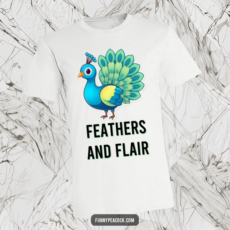 Funny charming peacock character t-shirt, its tail feathers displaying a shimmering rainbow, elegant and stylish, great funny gift.